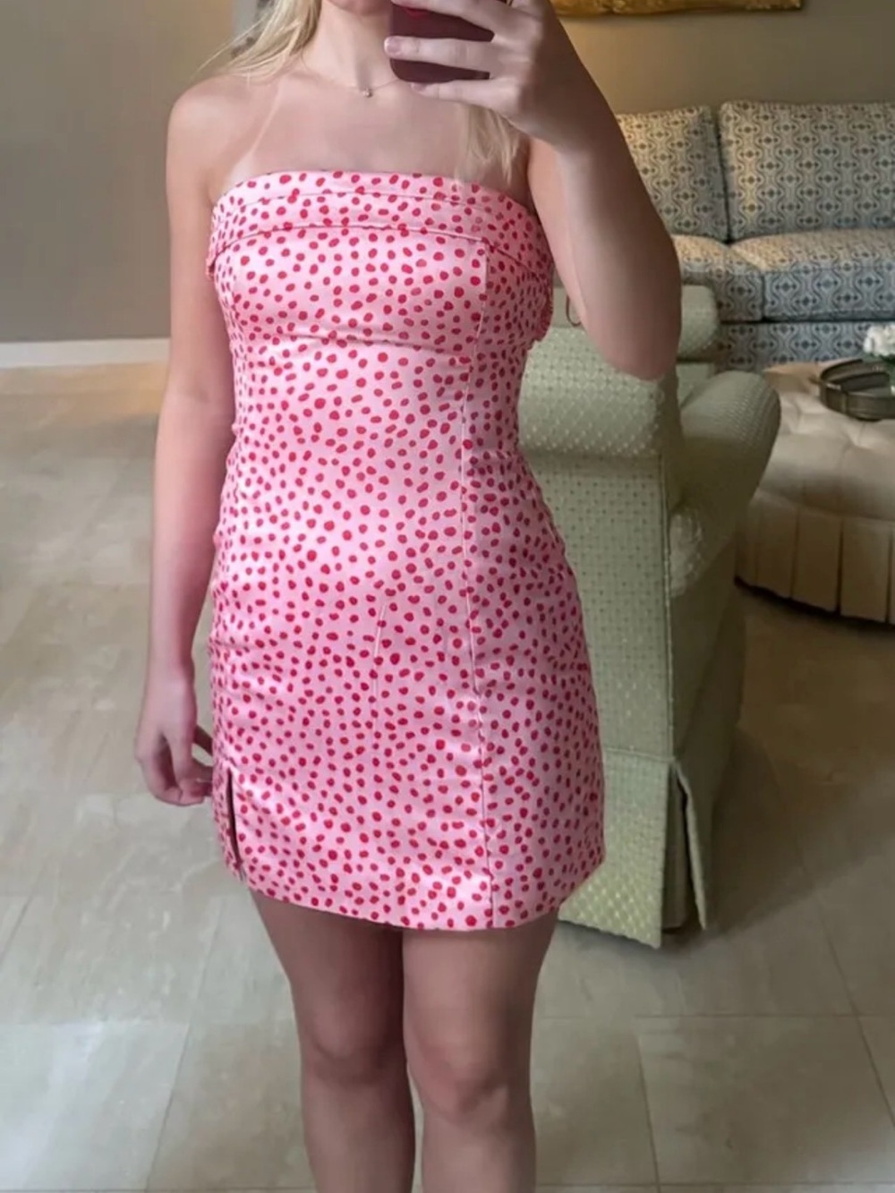 RUNAWAY THE LABEL Strapless Pink Polka Dot Mini Dress
